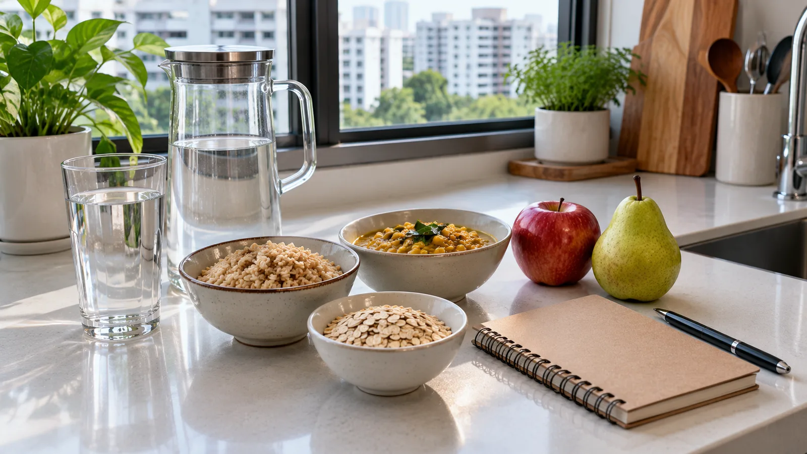 A glass of water, a water jug, brown rice, oats, dhal, an apple and a pear on a Singapore HDB kitchen counter beside a notebook