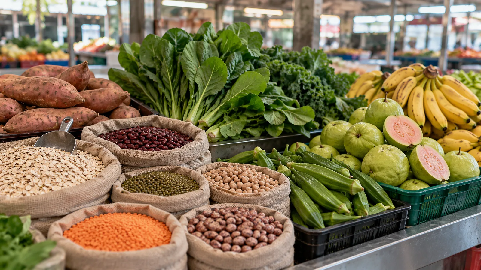 High-fibre foods at a Singapore market stall: beans, lentils, oats, okra, leafy greens, sweet potatoes, guava and bananas