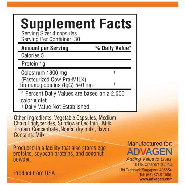Colostrum 450mg capsule 120s - Pure bovine colostrum 30% IgG (Halal)