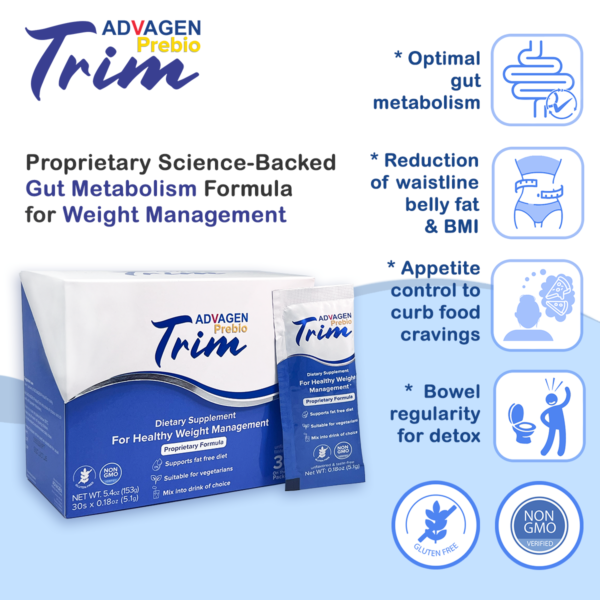 [Bundle of 4] ADVAGEN PrebioTrim 5.1g Sachet 30s | Optimal Gut Metabolism | Reduce Waistline, Belly Fat & BMI | Curb Food Cravings | Promote Satiety & Feeling of Fullness | Detox | Natural Appetite Control