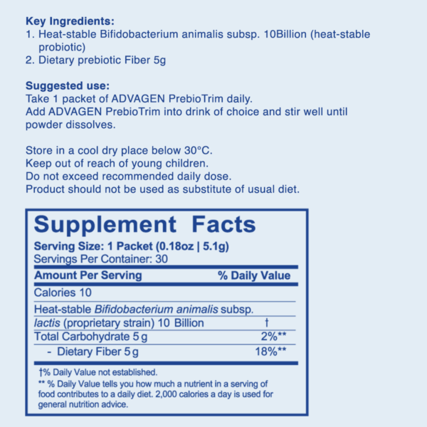 [Bundle of 2] ADVAGEN PrebioTrim – The Dual Power of Prebiotic and Heat-treated Probiotic | Supports Healthy Weight Management & Relieves Constipation Related Bloating | 30 Sachets